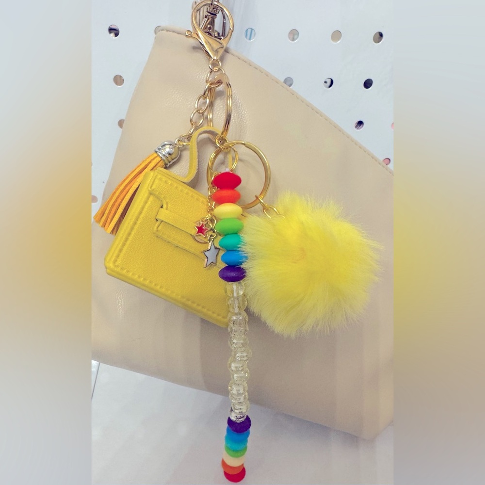 Colorful Keychain or bag chain with Yellow Pom Pom
